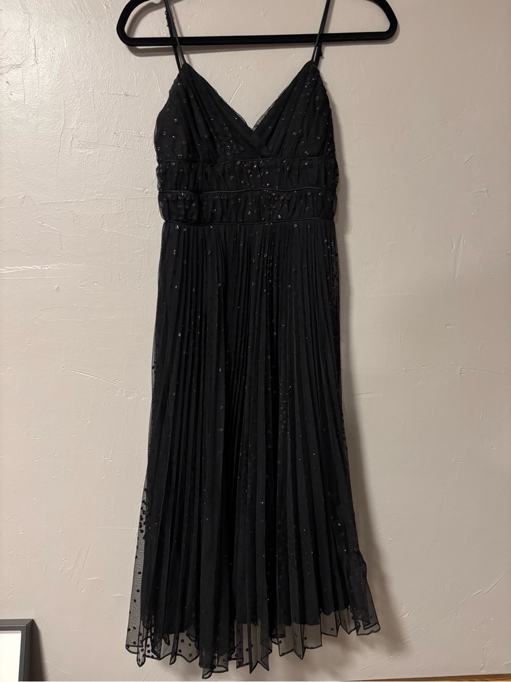 Vintage 90s Betsey Johnson Black Pleated Spaghetti Strap Midi Dress